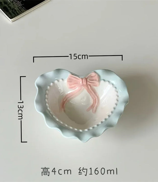 INS Style Korean Style Girl Heart Pink Ceramic Tableware Set Polka Dot Bow Cute Small Bowl Rice Bowl Deep Plates Cute Plates