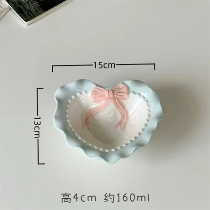 INS Style Korean Style Girl Heart Pink Ceramic Tableware Set Polka Dot Bow Cute Small Bowl Rice Bowl Deep Plates Cute Plates
