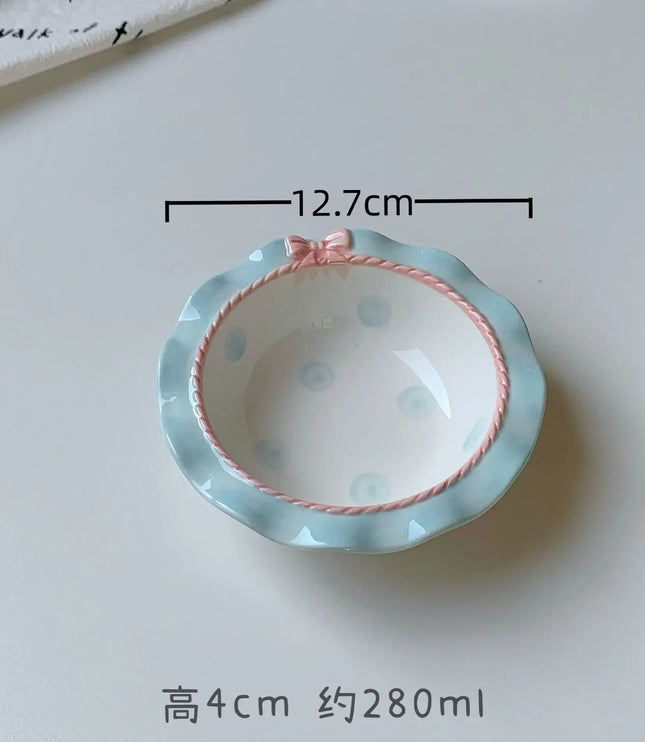 INS Style Korean Style Girl Heart Pink Ceramic Tableware Set Polka Dot Bow Cute Small Bowl Rice Bowl Deep Plates Cute Plates