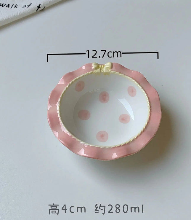 INS Style Korean Style Girl Heart Pink Ceramic Tableware Set Polka Dot Bow Cute Small Bowl Rice Bowl Deep Plates Cute Plates