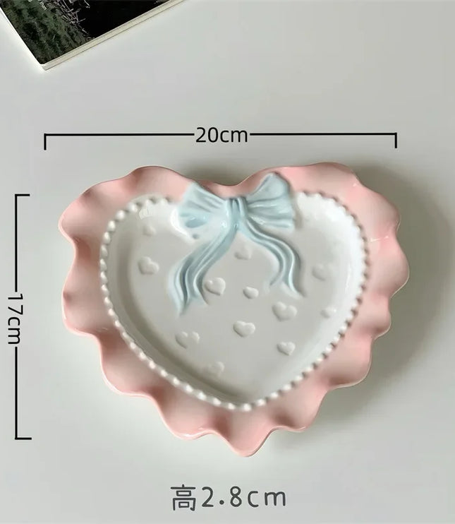 INS Style Korean Style Girl Heart Pink Ceramic Tableware Set Polka Dot Bow Cute Small Bowl Rice Bowl Deep Plates Cute Plates