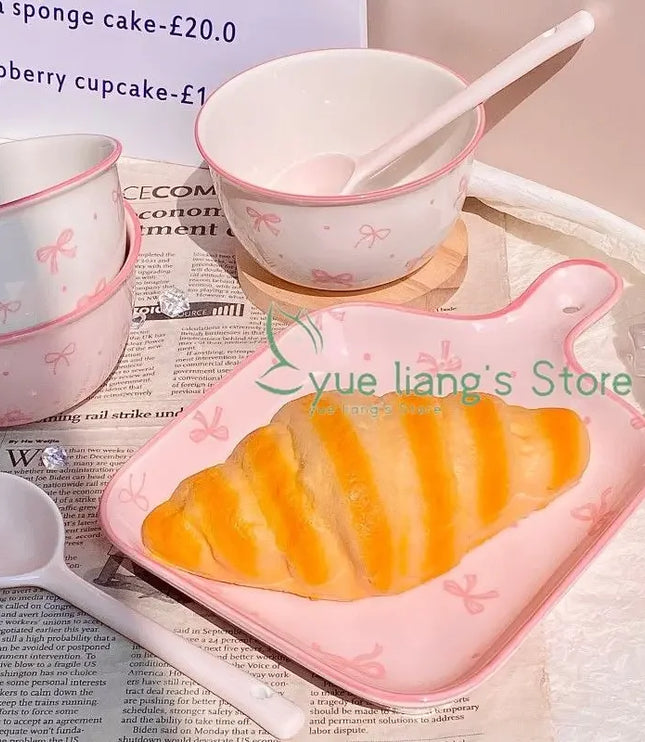 Pink Bow Ceramic Cutlery Set, Dessert Home Tableware Ceramic Handle Bowl Yogurt Cup High Value Breakfast Plate Drinkware