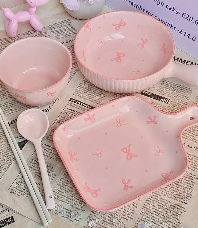 Pink Bow Ceramic Cutlery Set, Dessert Home Tableware Ceramic Handle Bowl Yogurt Cup High Value Breakfast Plate Drinkware