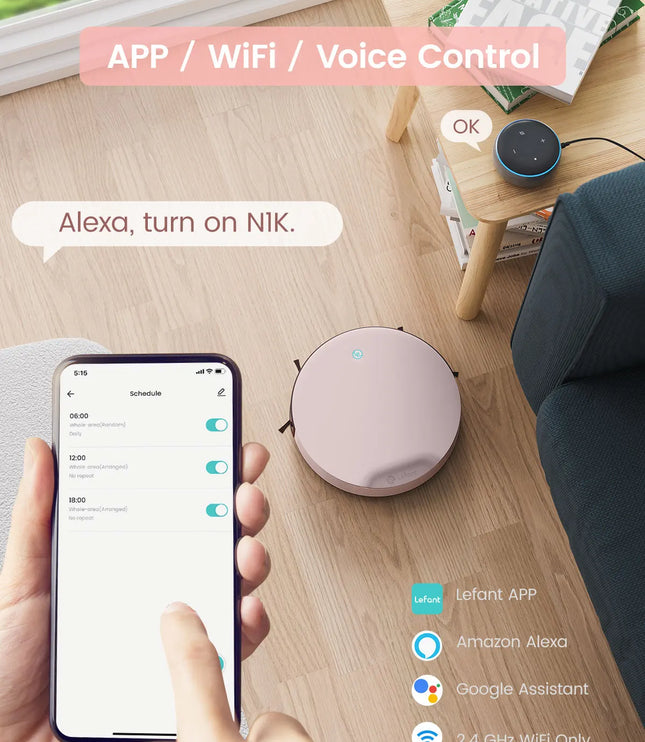 Lefant N1 Robot Vacuum Cleaner, Suction Power 4500PA, 4 Cleaning Modes, App Control, Up to 165 Minutes Autonomy