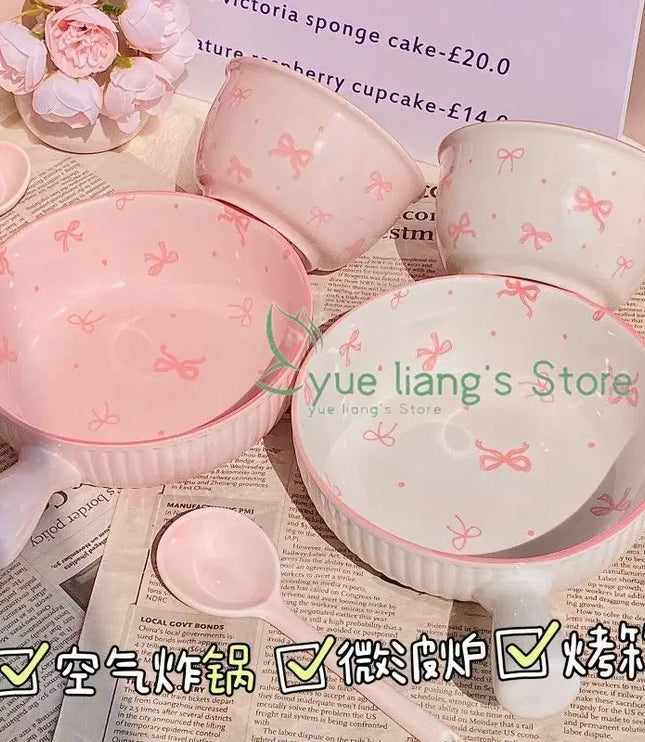 Pink Bow Ceramic Cutlery Set, Dessert Home Tableware Ceramic Handle Bowl Yogurt Cup High Value Breakfast Plate Drinkware