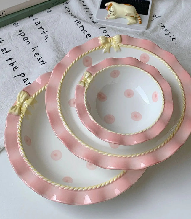 INS Style Korean Style Girl Heart Pink Ceramic Tableware Set Polka Dot Bow Cute Small Bowl Rice Bowl Deep Plates Cute Plates