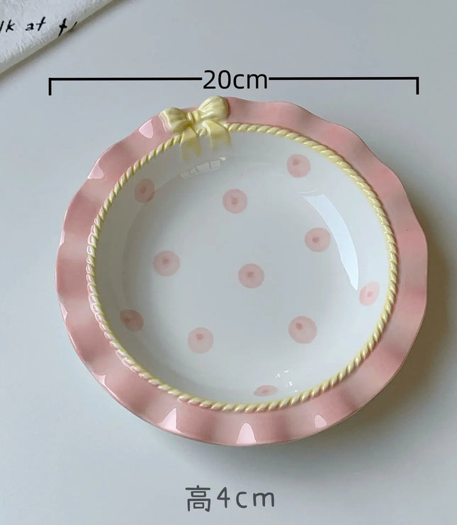 INS Style Korean Style Girl Heart Pink Ceramic Tableware Set Polka Dot Bow Cute Small Bowl Rice Bowl Deep Plates Cute Plates