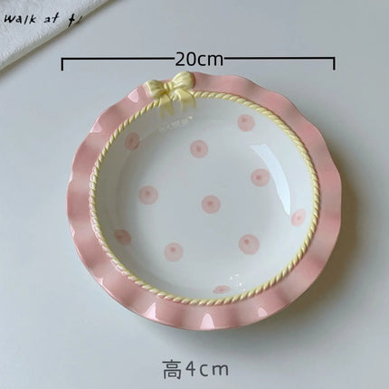 INS Style Korean Style Girl Heart Pink Ceramic Tableware Set Polka Dot Bow Cute Small Bowl Rice Bowl Deep Plates Cute Plates