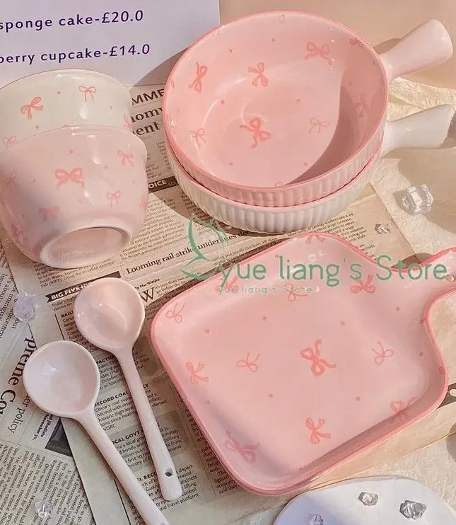 Pink Bow Ceramic Cutlery Set, Dessert Home Tableware Ceramic Handle Bowl Yogurt Cup High Value Breakfast Plate Drinkware