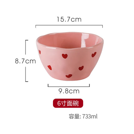 Salad Bowl Pink Heart Pattern Ceramic Plate Coffee Cup Children Dessert Bowl Household Cute Dinner Plates Restaurant Tableware