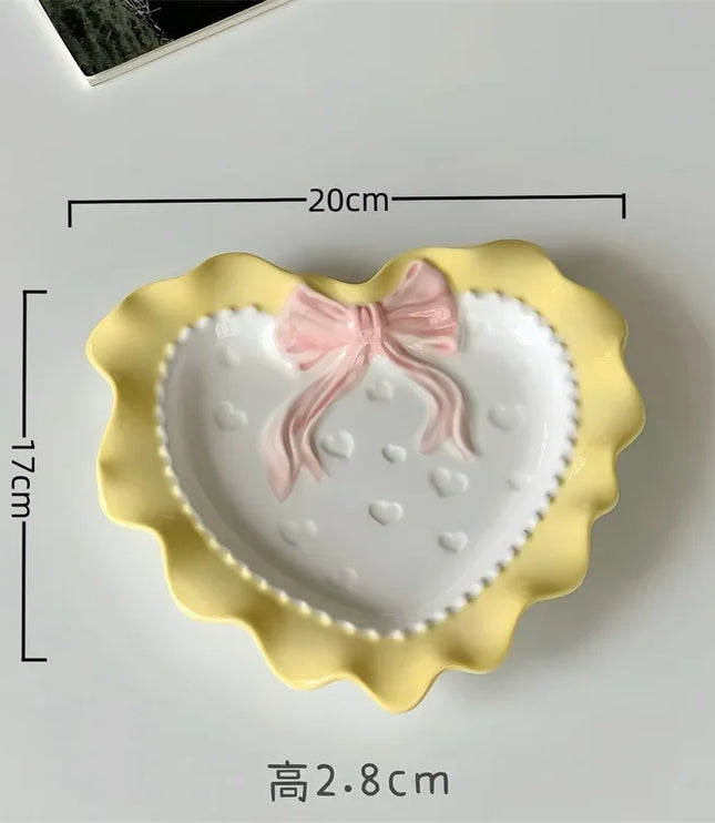 INS Style Korean Style Girl Heart Pink Ceramic Tableware Set Polka Dot Bow Cute Small Bowl Rice Bowl Deep Plates Cute Plates