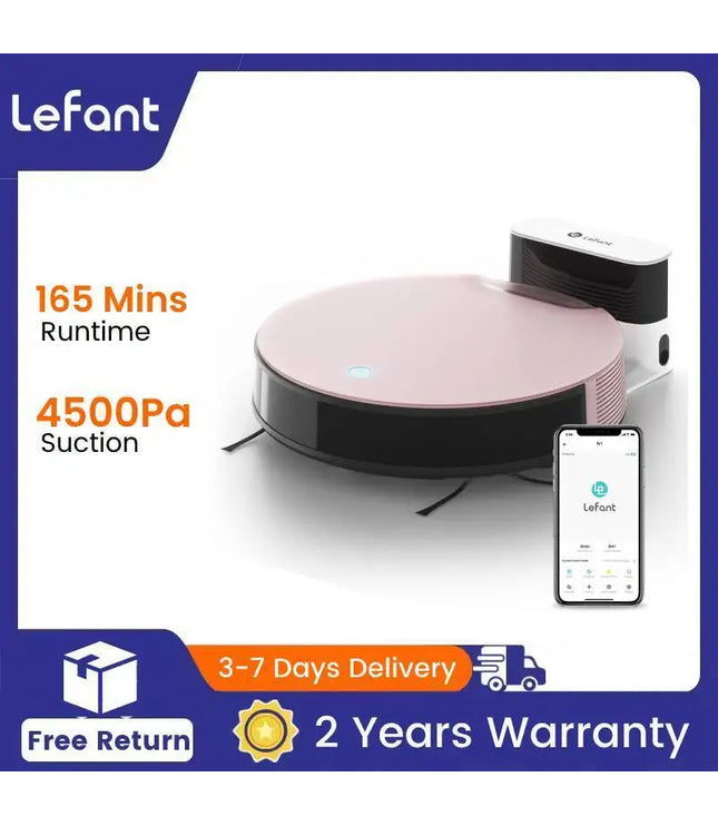 Lefant N1 Robot Vacuum Cleaner, Suction Power 4500PA, 4 Cleaning Modes, App Control, Up to 165 Minutes Autonomy