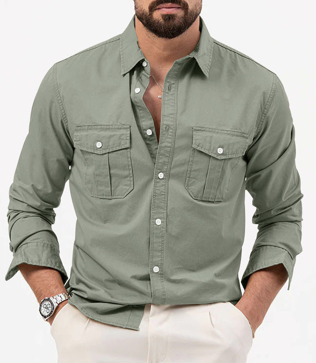 Men's Shirt Multi-pocket Solid Color Casual Long Sleeves Top