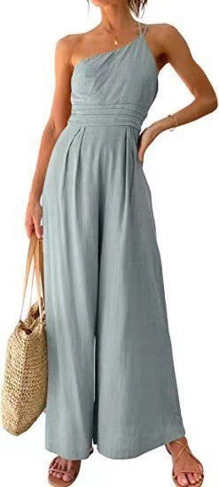 New Solid Color Loose Wide-leg Cotton And Linen Jumpsuit