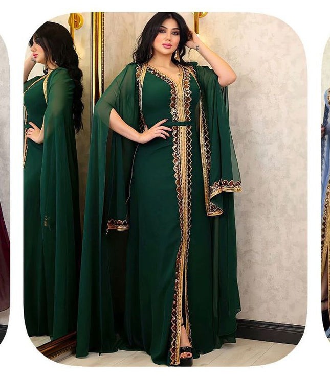 Middle East Muslim Women's Wear Sequined Gown Suit Dress Cape Robe