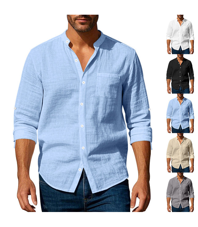 Long Sleeve Stand Collar Shirt With Pockets Casual Men's Clothing