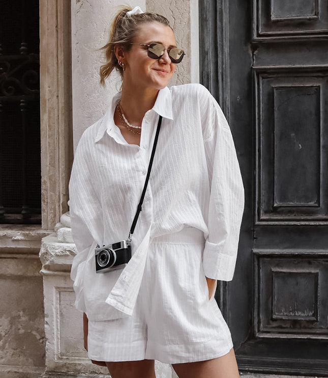 Women's White Jacquard Cotton Street Fashion Loose-fitting Long Sleeves Shirt And Shorts Two-piece Set