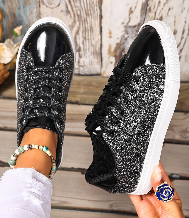 Plus Size Sequined Front Lace-up Solid Color Plus Size Board Shoes