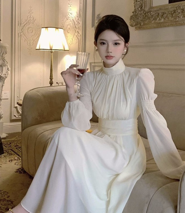 French White Half-high Collar Long Sleeves Dress
