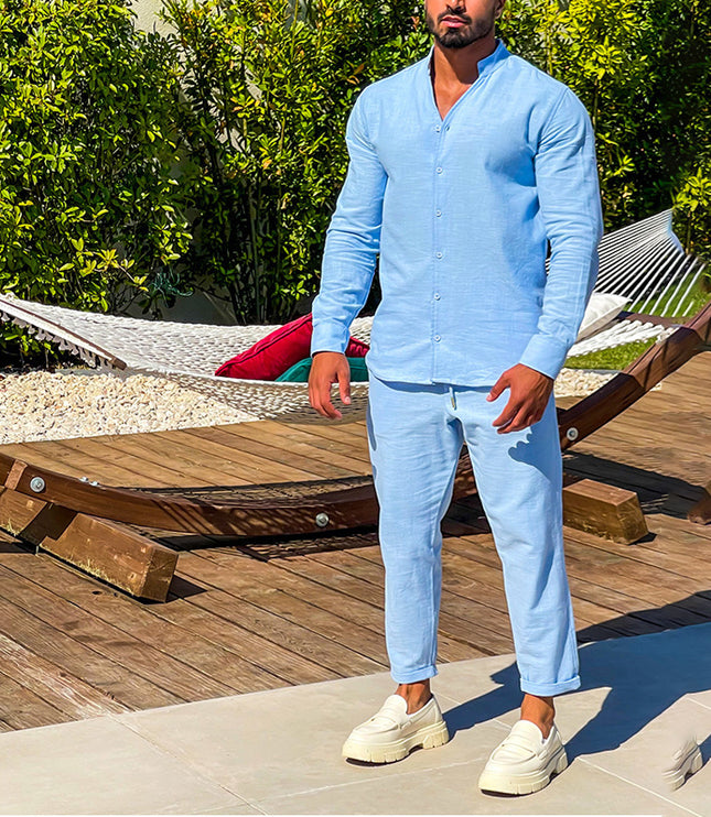 New Casual Long-sleeve Suit Men Long Sleeve Tops Shirt Two Pieces