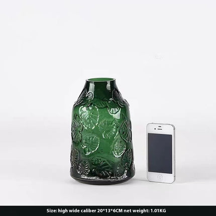 Embossed Green Glass Vase – Vintage-Inspired Elegance