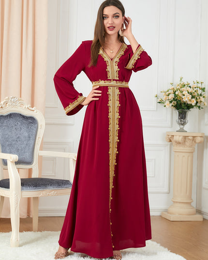 Women's Temperament Fashion Solid Color Stitching Embroidery Long-sleeved Dress