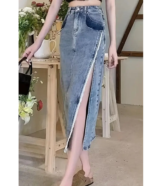 Retro High Waist Split Denim Skirt Women's Mid-length A-line Hip Skirt