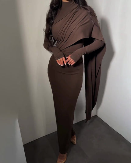 Brown Turtleneck Long-sleeved Slim Dress