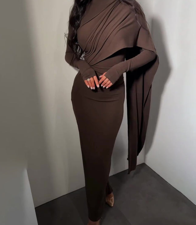 Brown Turtleneck Long-sleeved Slim Dress