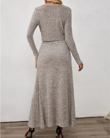 Oriented Fashion Elegant Autumn-Winter New Long-Sleeve Flared Skirt Button-Up Round Neck Cardigan Short Solid Color Goddess Soft Temperament Midi Dress Set