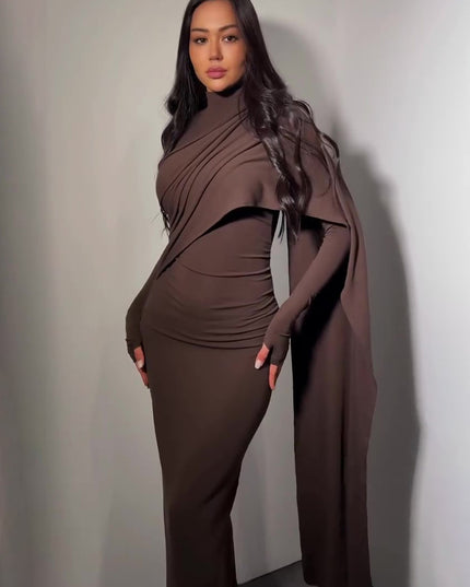 Brown Turtleneck Long-sleeved Slim Dress
