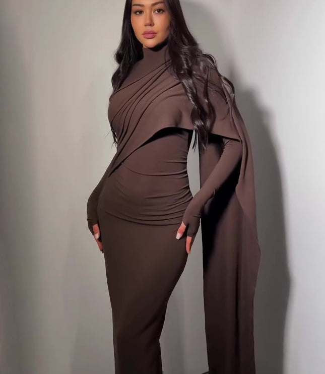 Brown Turtleneck Long-sleeved Slim Dress