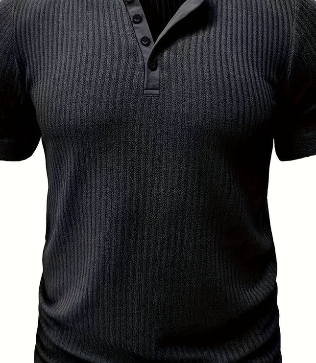 Solid Stripe Pattern Knit Short Sleeve T-shirt With Henley Neck, Chic And Stylish Sports Tops For Men's Summer Leisurewear And Outdoors Activities