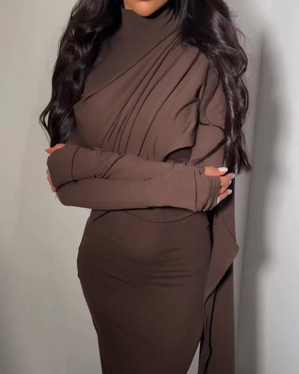 Brown Turtleneck Long-sleeved Slim Dress