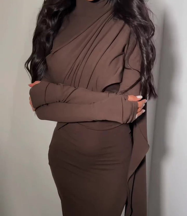 Brown Turtleneck Long-sleeved Slim Dress