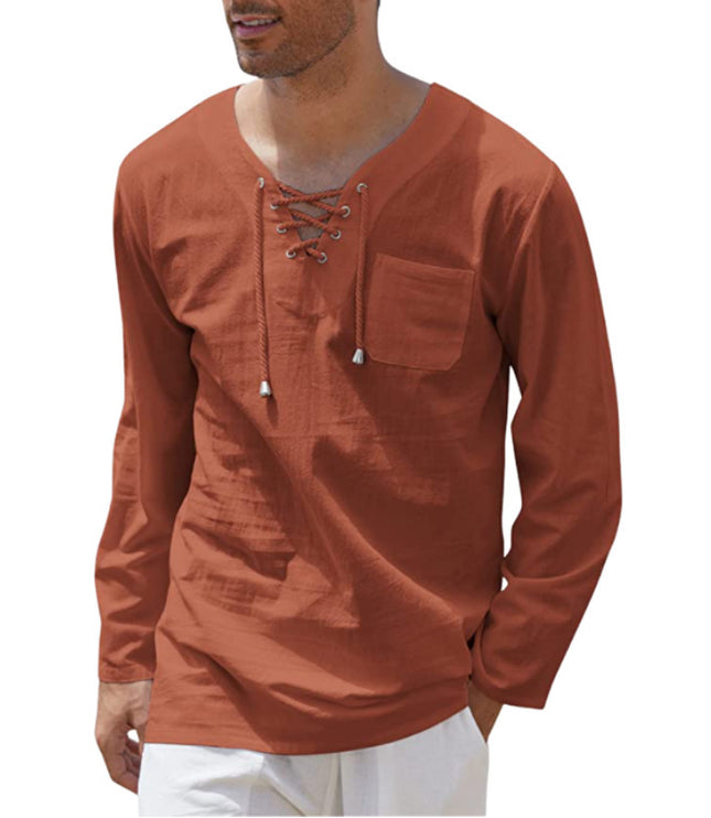 Men's Fashion Casual Lace Up Long Sleeve Shirt