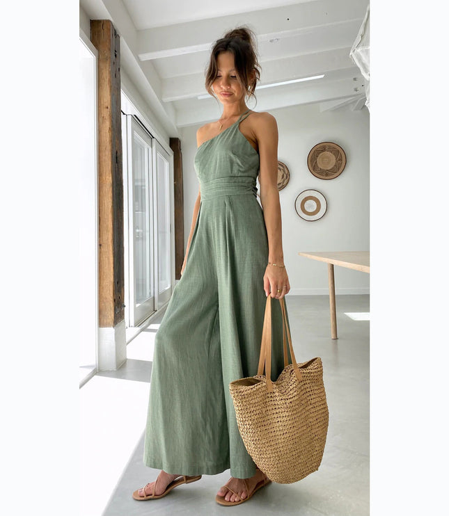 New Solid Color Loose Wide-leg Cotton And Linen Jumpsuit