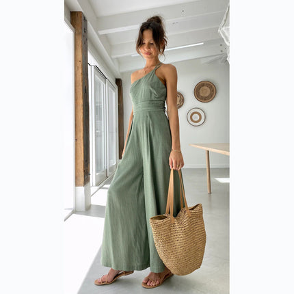 New Solid Color Loose Wide-leg Cotton And Linen Jumpsuit