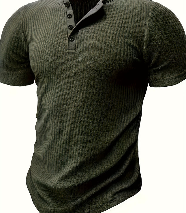 Solid Stripe Pattern Knit Short Sleeve T-shirt With Henley Neck, Chic And Stylish Sports Tops For Men's Summer Leisurewear And Outdoors Activities