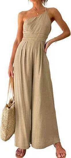 New Solid Color Loose Wide-leg Cotton And Linen Jumpsuit