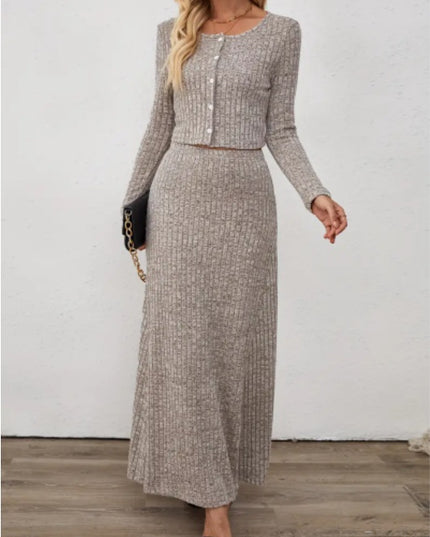 Oriented Fashion Elegant Autumn-Winter New Long-Sleeve Flared Skirt Button-Up Round Neck Cardigan Short Solid Color Goddess Soft Temperament Midi Dress Set