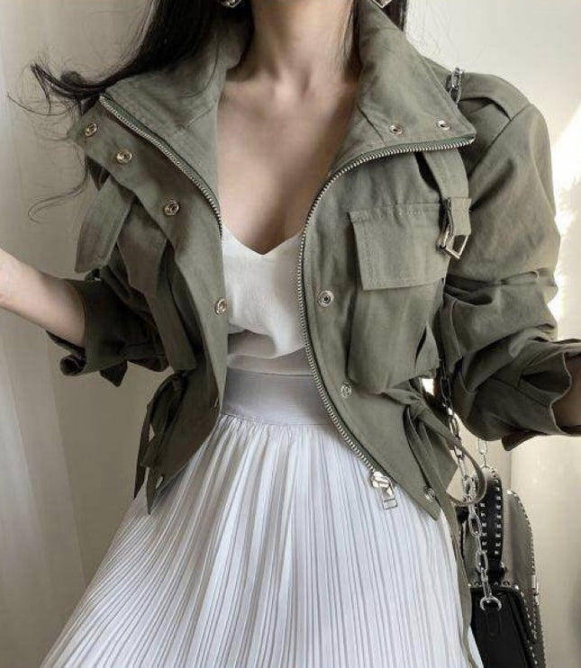 Short Work Jacket With Pocket Drawstring Waist
