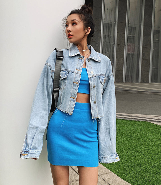 Autumn Europe And America Loose Short Distressed Denim Jacket