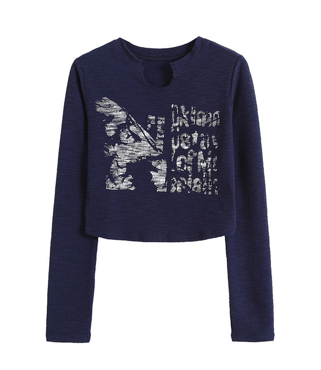 Design Crack Distressed Print Cropped Navel Slim Fit Long Sleeves
