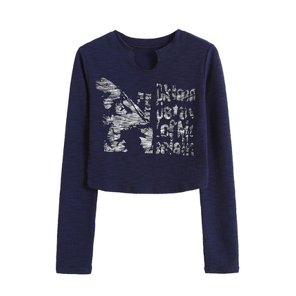 Design Crack Distressed Print Cropped Navel Slim Fit Long Sleeves
