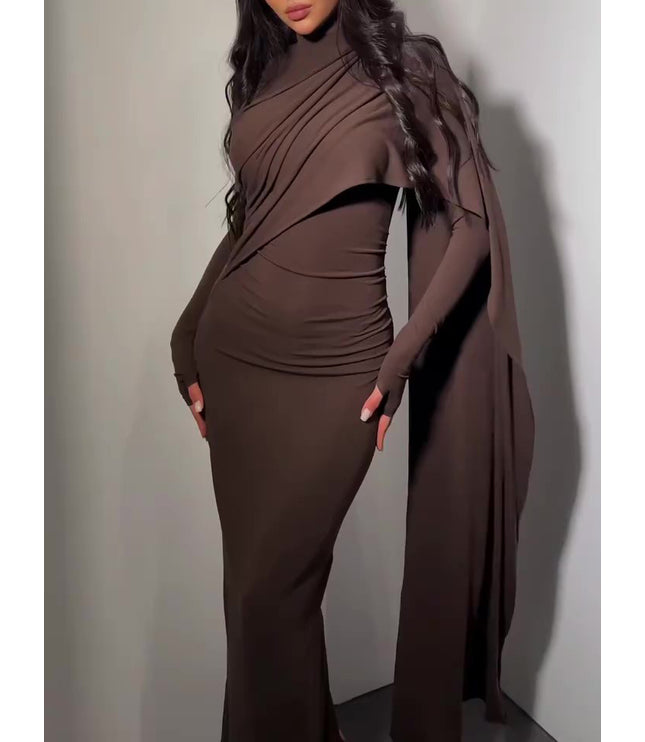 Brown Turtleneck Long-sleeved Slim Dress