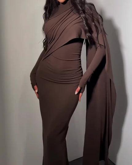 Brown Turtleneck Long-sleeved Slim Dress
