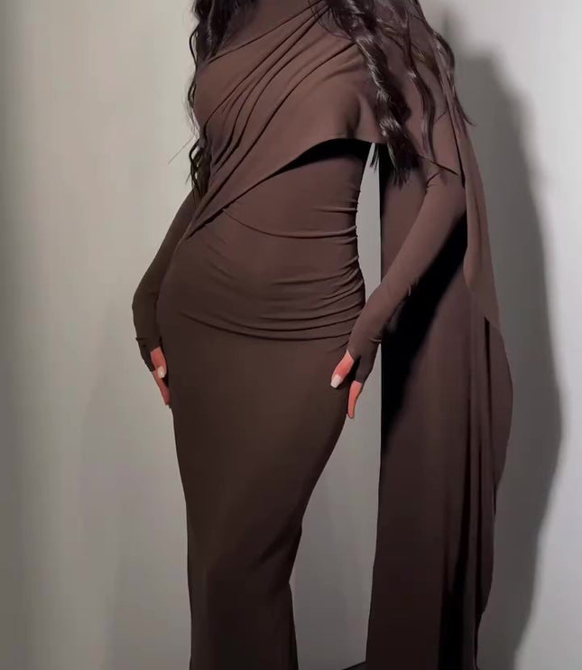Brown Turtleneck Long-sleeved Slim Dress