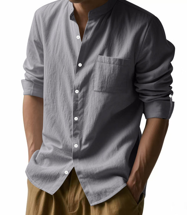 Long Sleeve Stand Collar Shirt With Pockets Casual Men's Clothing