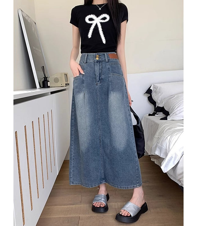Retro Denim Skirt For Women Summer High Waist Back Slit Medium Long Slim A-line Skirt